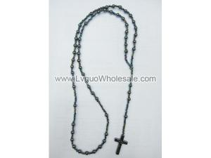 All Black Round Shape Hematite Beads Rosary with Hematite Crucifix 24inch